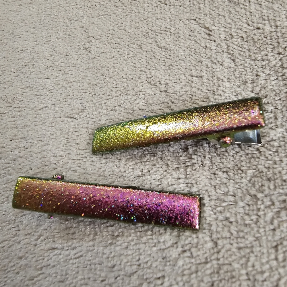 2 Iridescent Holo Sparkle Glitter Hair Clips Pink Yellow Color Change
